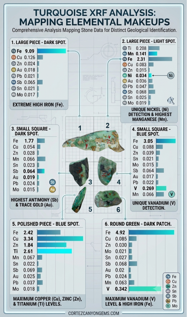 XRF elemental analysis chart mapping the copper, zinc, and iron levels of untreated Cortez Canyon green turquoise and rare faustite rough from the Orvil Jack mine extension in Nevada.